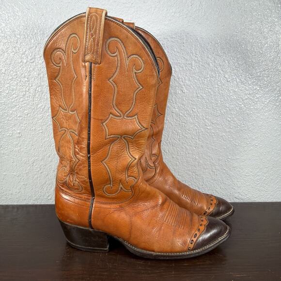 Vtg DAN POST Brown Tan Leather Pointy Toe Cowboy Western Rodeo Boots Size 9 EW main image 12